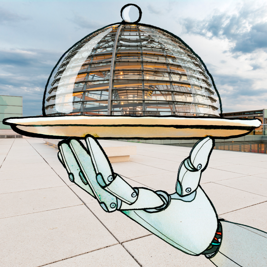 Die Kuppel des Reichstagsgebäude ist als Speiseglocke auf einem Teller platziert, der von einer Roboterhand gehalten wird.