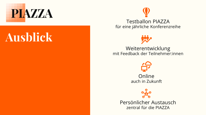 PIAZZA Ausblick:
1. Testballon PIAZZA für eine jährliche Konferenzreihe.
2. Weiterentwicklung mit Feedback der Teilnehmer:innen.
3. Online auch in Zukunft
4. Persönlicher Austausch zentral für die PIAZZA.