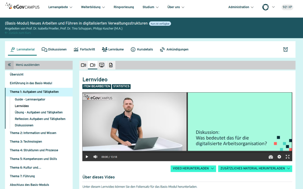 Die Abbildung zeigt beispielhaft ein Bildschirmfoto eines Kurses auf der Plattform "eGov-Campus" mit Lernvideo in der Mitte. Links im BIld ist ein Seitenmenü mit Segmenten des Kurses.