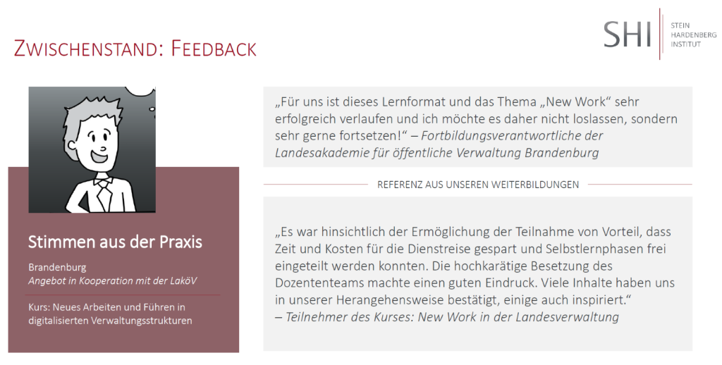 Das Bild zeigt positives Feedback einer Kurserstellerin und eines Kursteilnehmers, des im eGov-Campus erstellten Kurses "New Work in der Landesverwaltung". Der Kurs entstand in Kooperation mit der Landesakademie für öffentliche Verwaltung Brandenburg.